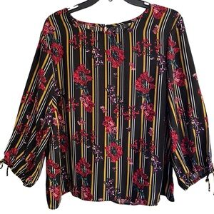 MASSANI Silky Tie Sleeve Blouse Black Gold Red Size EXTRA LARGE